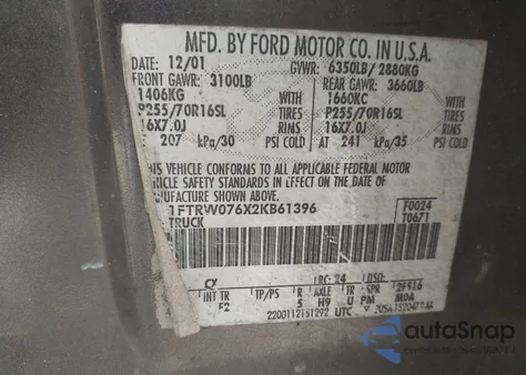 2002 Ford F-150 Lariat/Xlt из США, поврежденный, VIN 1FTRW076X2KB61396